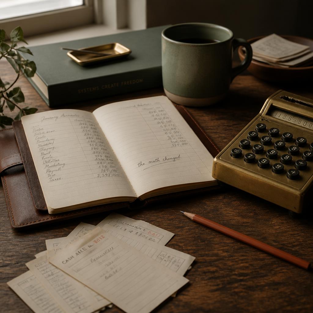 An open ledger, brass calculator, and handwritten figures — the old math, changed